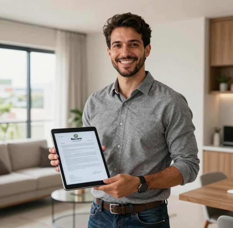 Medium-wide shot of a professional Brazilian real estate broker in a bright, modern Belém apartment, smiling, holding a tablet showing a digital contract, natural daylight.