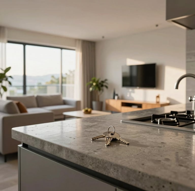 Medium-wide shot of a bright, modern apartment living room in Belém, large windows letting in warm afternoon daylight, clean minimalist furniture, a set of keys resting on a polished concrete kitchen counter in the foreground, highly realistic.