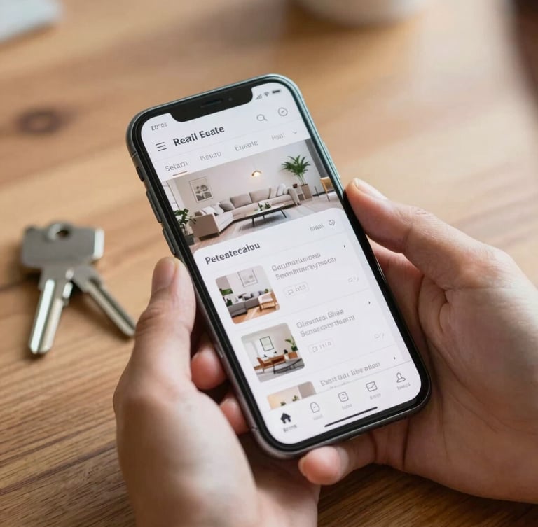 Close-up of hands holding a smartphone displaying a clean real estate dashboard, keys on a wooden table in the background, bright natural daylight.