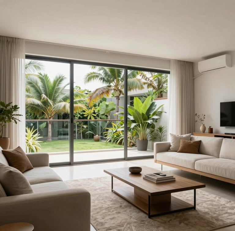 Bright modern apartment interior in Belém, large window showing tropical green foliage outside, clean Scandinavian furniture, high-key natural daylight, wide angle portrait framing