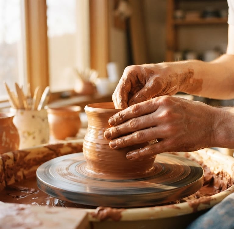 Close-up of hands shaping wet terracotta clay on a pottery wheel, golden hour window light, warm and tactile, 35mm photography