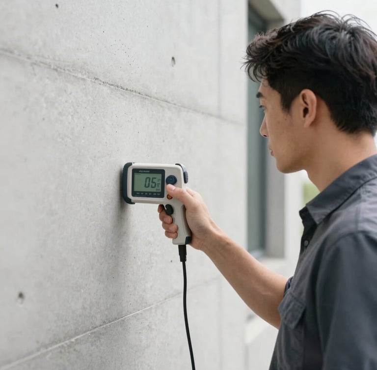 Medium-close shot of a certified inspector using a digital measuring device against a bright, modern concrete wall, neutral daylight.