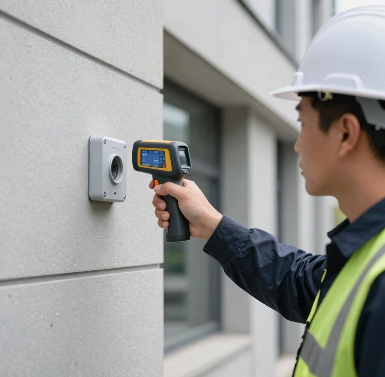 Medium-close shot of a certified inspector using a digital thermal scanner on a modern building wall, neutral daylight