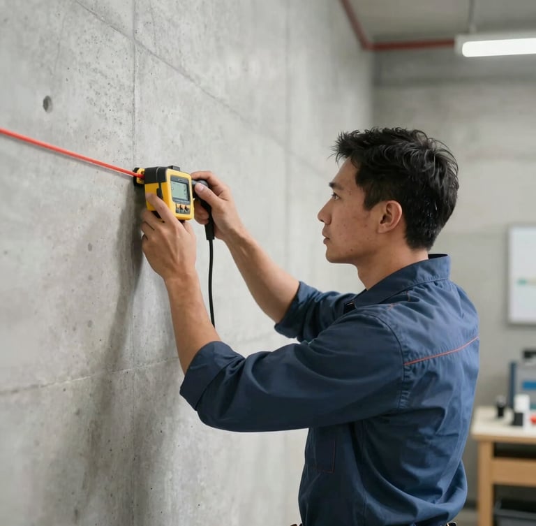 Straight-on medium-close shot of a certified inspector in a bright, neutral-lit utility room, using a digital laser measure on a clean concrete wall, technical precision focus.