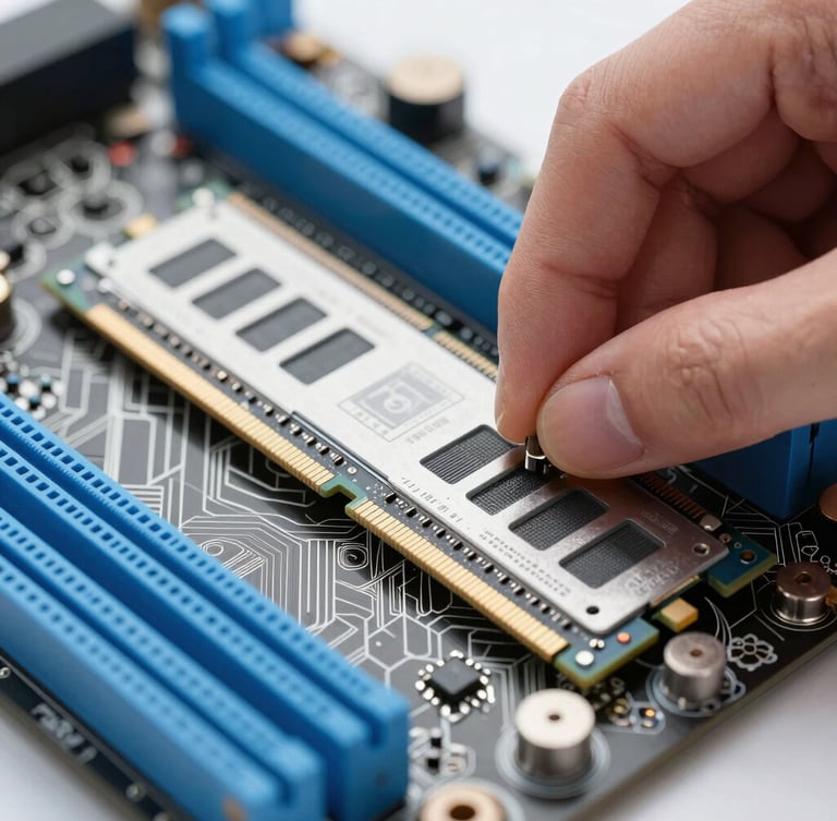 Macro close-up of a clean motherboard component being installed, hands carefully inserting a RAM stick, bright natural daylight, cool blue accents, sharp focus, shallow depth of field, 50mm