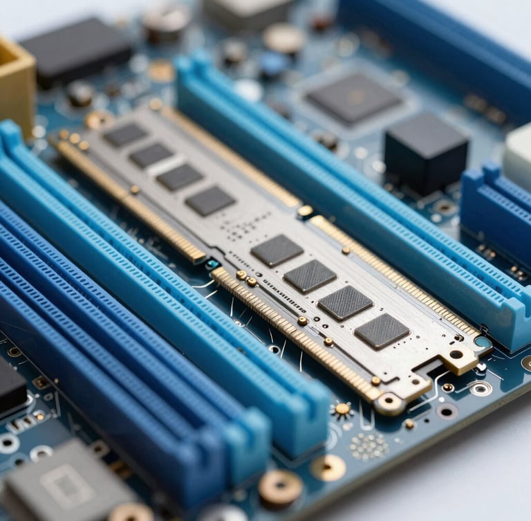 Macro photograph of clean motherboard components with cool blue workbench lighting, sharp focus on RAM slots, 50mm shallow depth of field