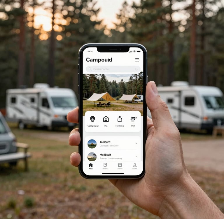 A close-up of a hand holding a modern smartphone displaying a clean campground dashboard, soft-focus background of an RV park at golden hour with warm sunlight filtering through pine trees.
