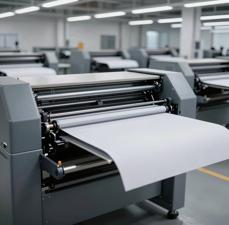 Wide shot of a modern, clean factory floor with heavy-duty offset printing presses, sharp studio lighting, industrial precision, 50mm lens.