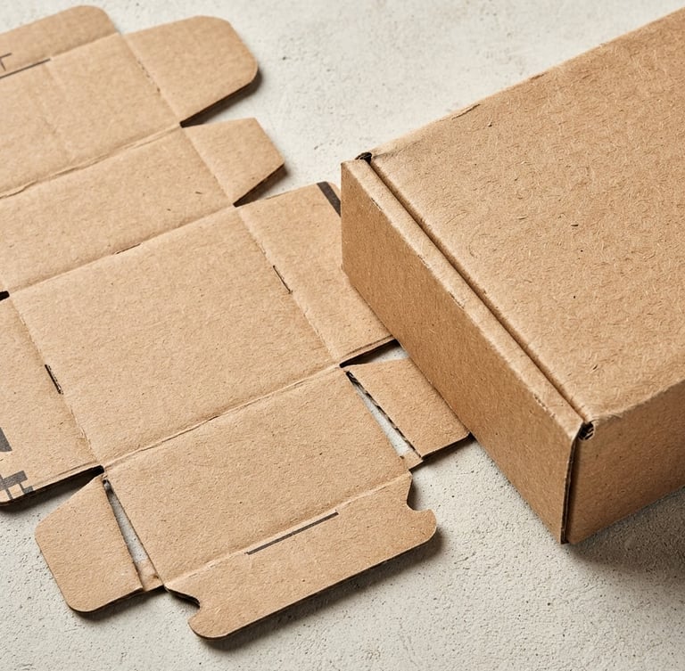 Extreme close-up overhead flat-lay of a disassembled corrugated box dieline next to a perfectly folded finished box, sharp studio lighting, high contrast, ink on paper texture visible.