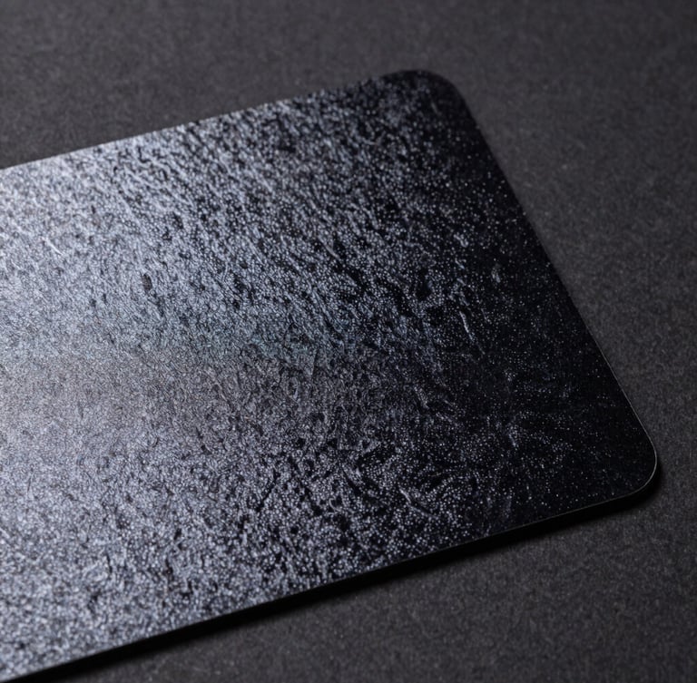 Macro shot of a velvet-laminated card with a high-gloss spot UV pattern, sharp studio lighting, emphasizing tactile contrast, deep charcoal background.