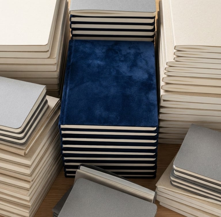 Overhead flat-lay of neatly stacked custom notebooks and attendance registers, showing crisp paper edges and a velvet-laminated cover, sharp studio lighting, high-contrast tactile textures, rich paper details, macro lens, 50mm.