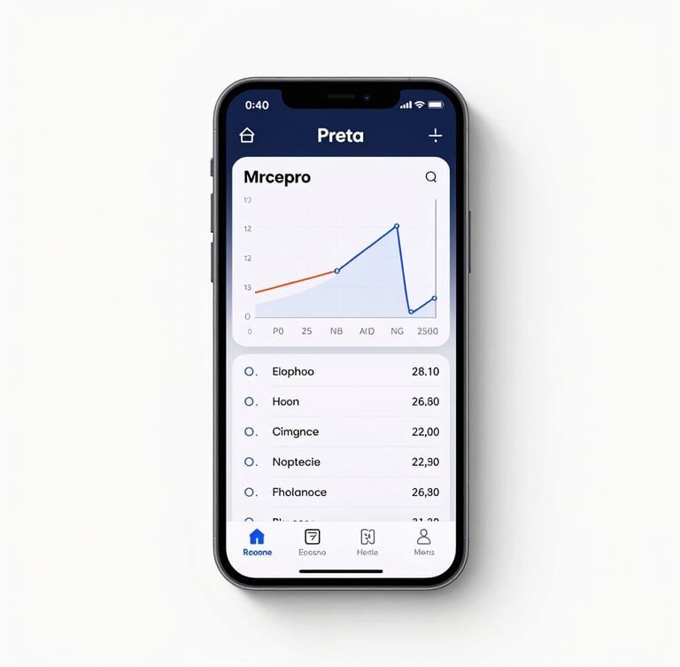 Vista frontal de um smartphone moderno exibindo um gráfico limpo de comparação de preços em tempo real, fundo branco puro, iluminação de estúdio brilhante sem sombras.