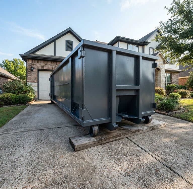 Low-angle wide shot of a freshly painted charcoal roll-off dumpster placed precisely on a residential driveway, protective wooden planks under the steel wheels, bright morning daylight, crisp metal textures.
