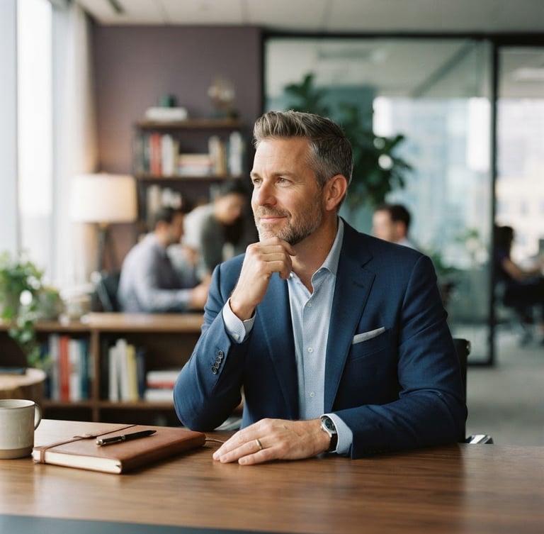Professional environmental portrait of Bradley S. Miller, mid-shot, in a modern, well-lit office, looking thoughtfully to the left, shallow depth of field, muted amethyst and aquamarine tones.