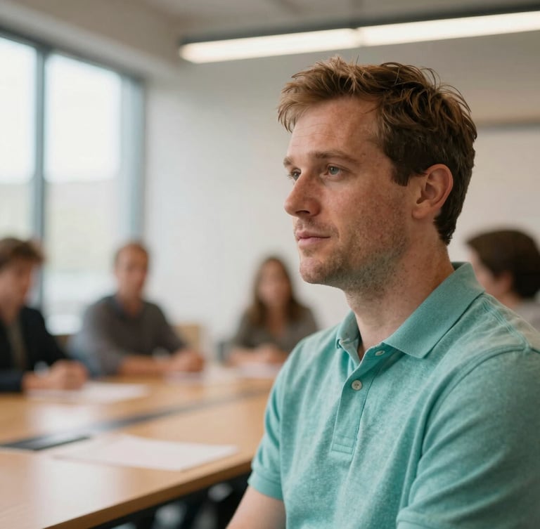 Bradley S. Miller facilitating a workshop, seen from a medium close-up, with warm, diffused indoor lighting, architectural details of a modern meeting space in the background, shallow depth of field.