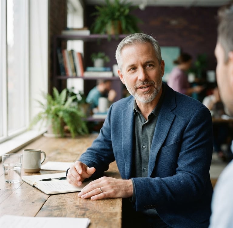 Bradley S. Miller in a thoughtful, candid professional setting, perhaps mid-conversation or facilitating, with soft natural window light, muted amethyst and aquamarine tones, shallow depth of field.