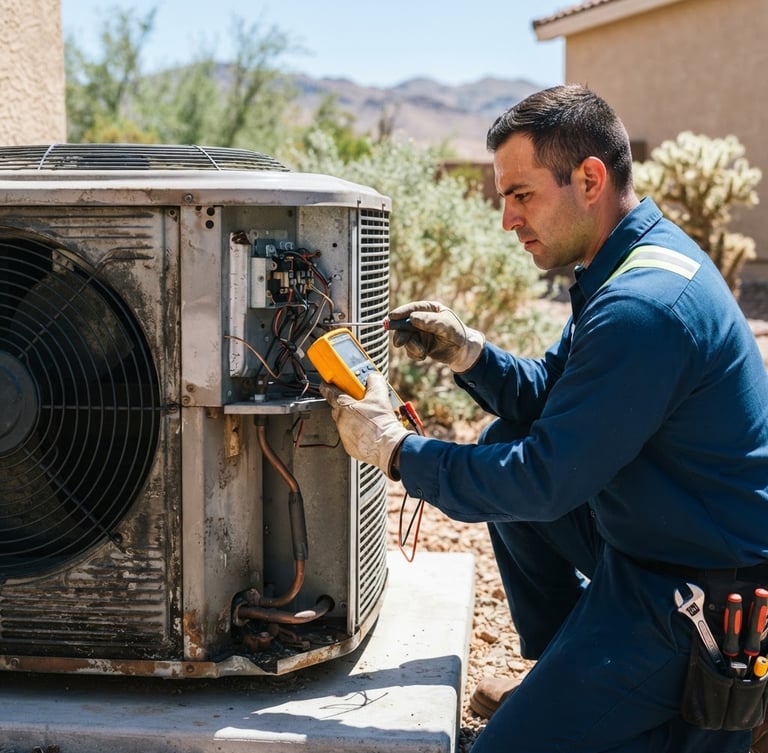 A professional HVAC technician in a clean uniform inspecting an outdoor condenser unit under bright Nevada sunlight, close-up, sharp focus, 35mm