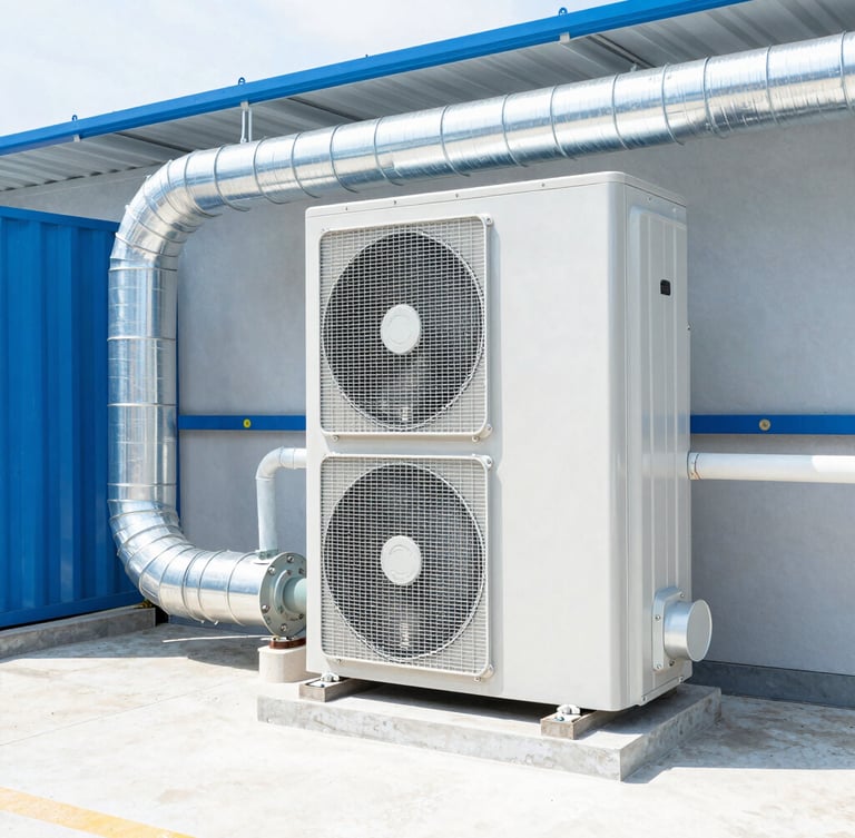 Wide environmental shot of clean ductwork and a modern HVAC condenser unit in a well-lit utility space, bright natural daylight, crisp high-contrast blue tones.