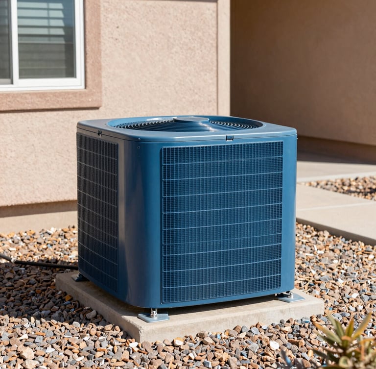 A clean HVAC condenser unit installed on a neat gravel bed next to a residential home, bright Nevada sun, sharp focus, professional trade photography