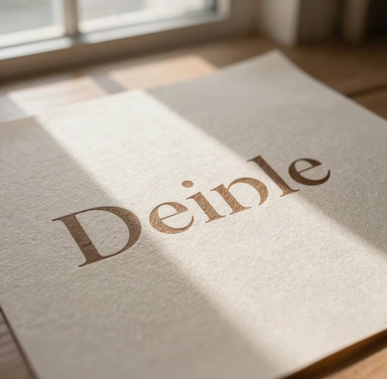 Tactile flat-lay of heavy debossed cotton paper stock, elegant typography, warm mocha and soft cream tones, delicate directional window light, shallow depth of field
