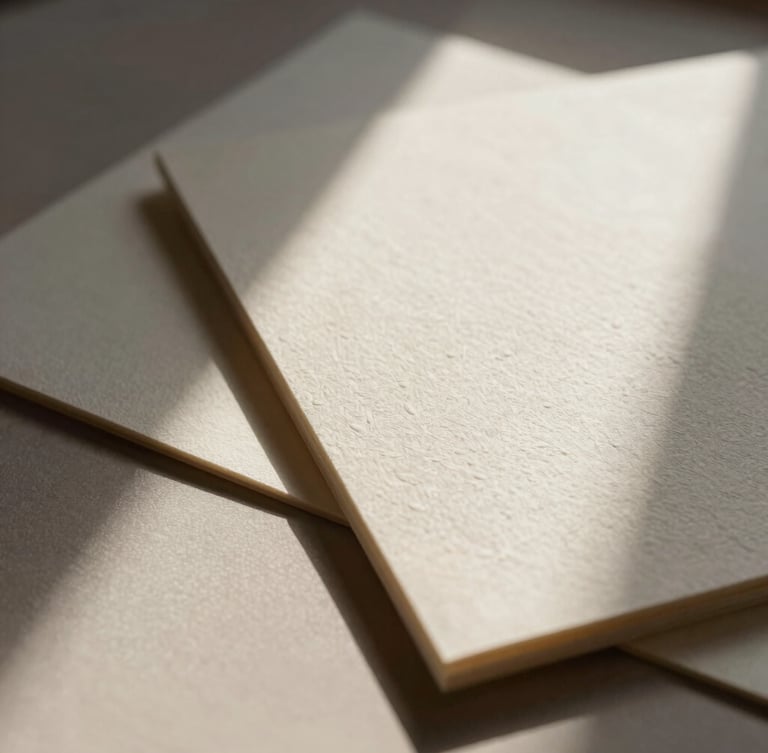 Close-up of tactile design materials, heavy textured cream paper stocks with blind debossing, soft natural window light, deep charcoal shadows, 35mm photography