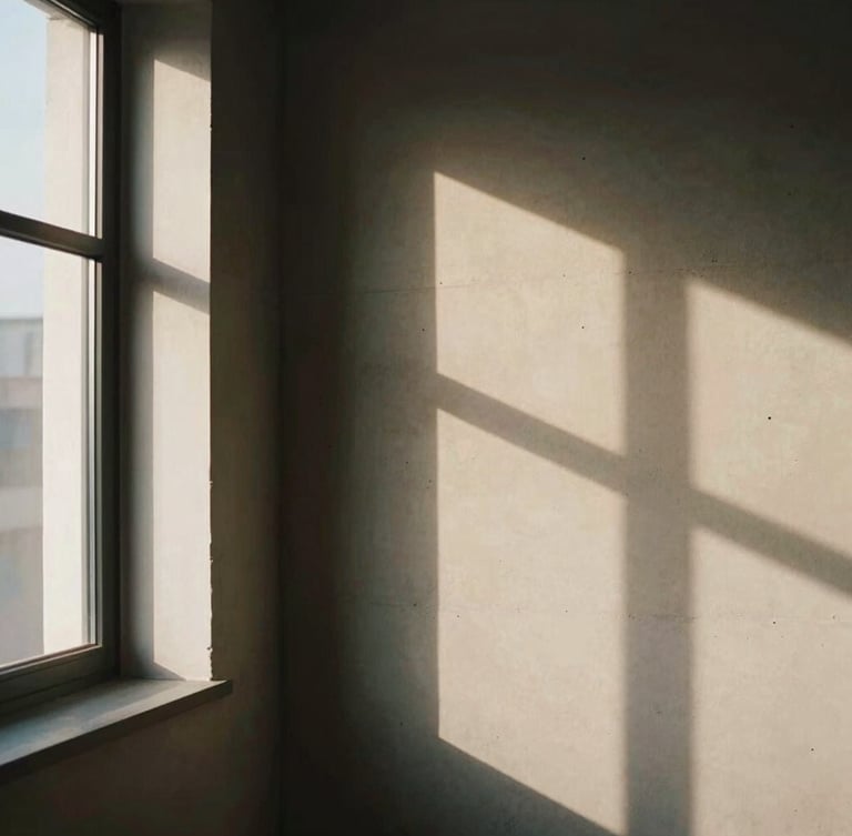 Warm editorial photography of a minimalist design studio interior, soft natural window light casting structured shadows on a concrete wall, deep charcoal and warm mocha tones, 35mm