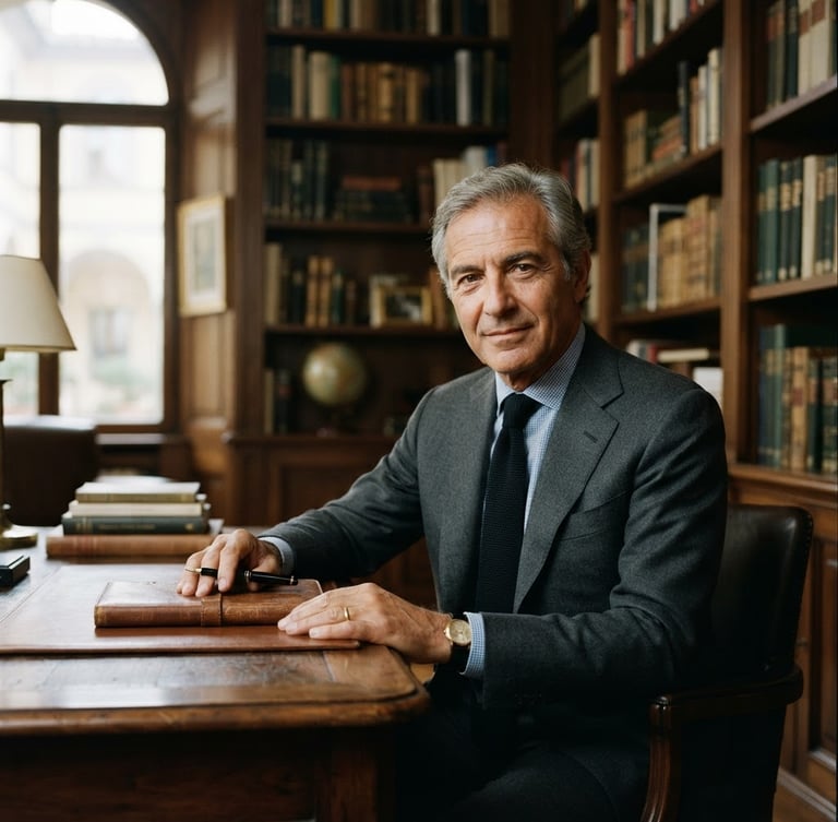 Editorial portrait of a senior Italian business executive in a modern wood-paneled library, soft natural window light, muted academic tones, shallow depth of field, 35mm.