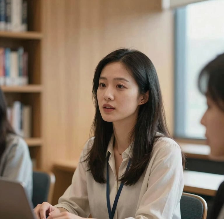 A candid medium close-up of a female professor leading an active seminar discussion in a modern wood-paneled library, soft natural window light, shallow depth of field, 35mm