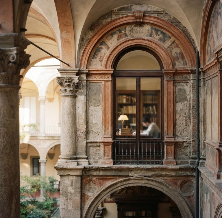 An architectural close-up of a classic Italian academic courtyard in Milan, soft morning window light, clean sharp lines, editorial photography, 35mm