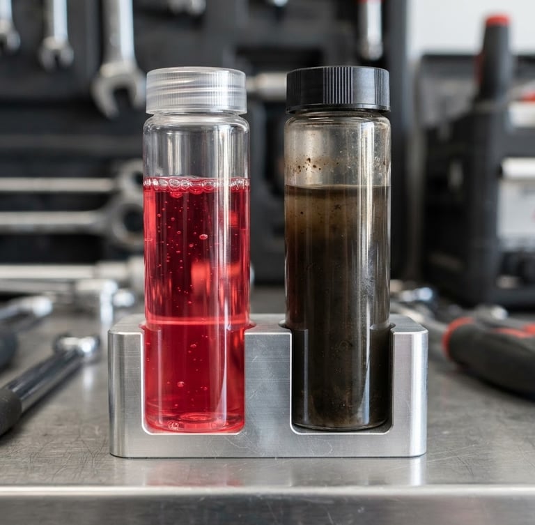 Macro close-up of clean vs. burnt transmission fluid in glass vials, side-by-side, bright clean workshop lighting, metallic silver and deep charcoal tones, sharp macro focus, 50mm