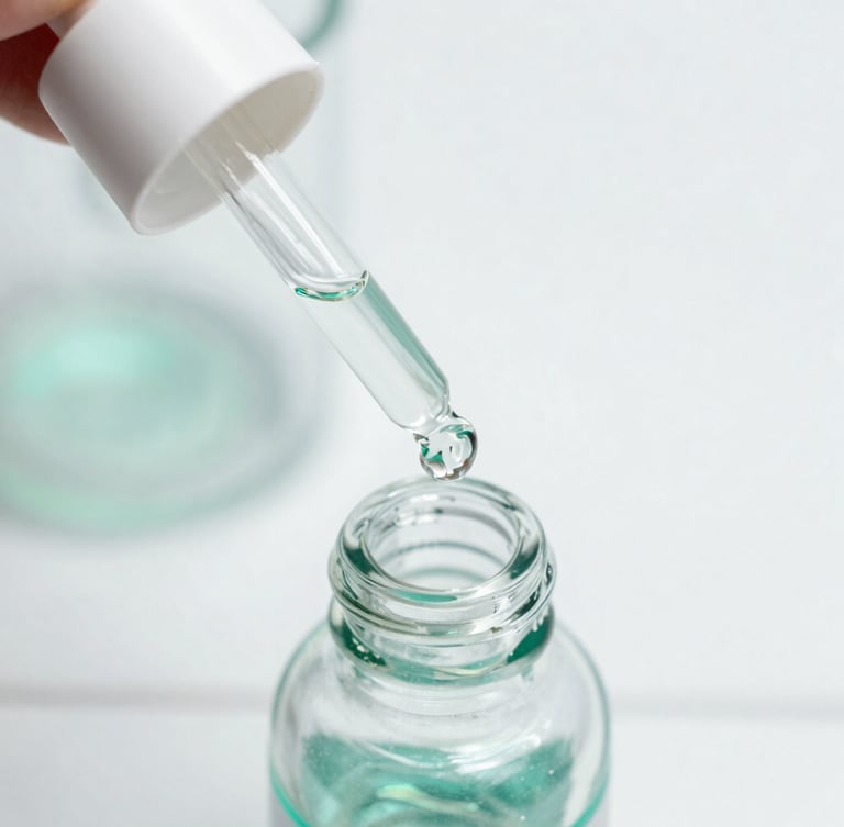 Macro close-up of a glass cosmetic dropper bottle on a clean white laboratory tile, soft green botanical shadows, bright clinical daylight, 35mm