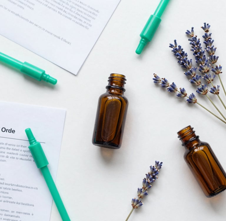 Overhead flat lay of scientific formulation sheets, amber glass bottles with green pipettes, dried lavender stalks on a sterile white surface, bright daylight