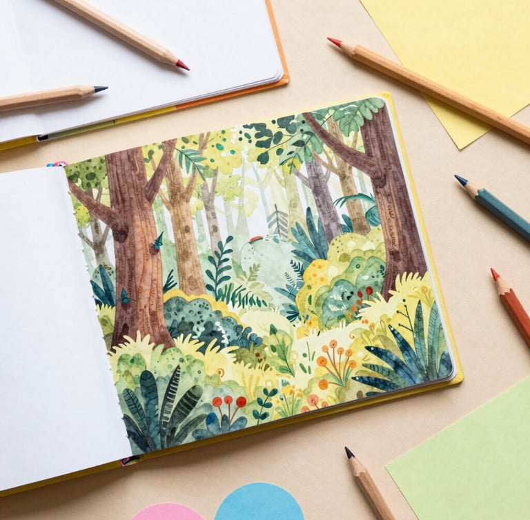 Overhead flat-lay of an open children's book showing a watercolor forest illustration, surrounded by colored pencils and paper cutouts, warm natural daylight, 35mm