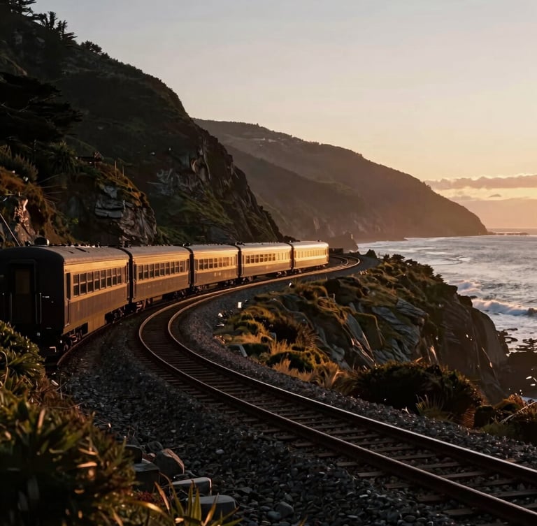 A classic passenger train winding along the rugged Pacific coastline at sunset, rich deep tones.