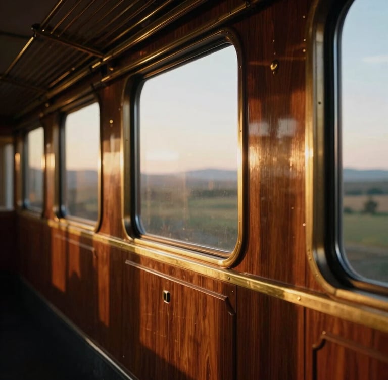 Cinematic close-up of polished mahogany wood panels and gold brass accents inside an elegant vintage train dining car, warm natural sunset light filtering through the window, shallow depth of field