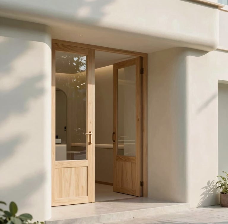 Serene minimalist entrance of a modern Scandinavian beauty clinic with soft jade accents and warm wood, natural morning light.
