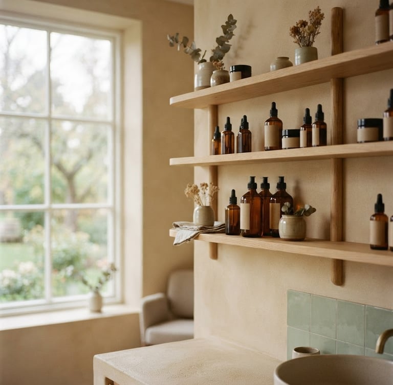 Serene environmental shot of the Billesholm beauty clinic interior, soft morning daylight filtering through a window, minimalist Scandinavian wooden shelves displaying elegant amber glass cosmetic bottles, warm sand and soft jade tones, shallow depth of field, 35mm