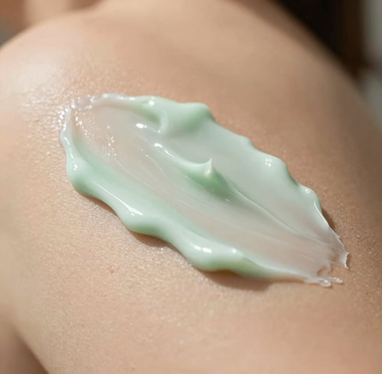 Macro shot of smooth glowing skin with a soft jade-tinted herbal cream texture, warm natural daylight, shallow depth of field