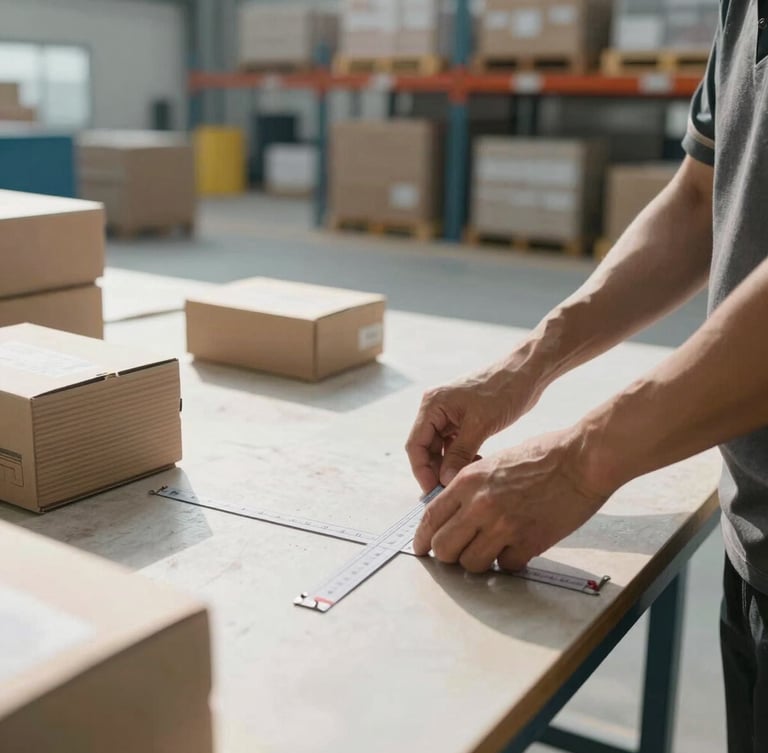 Wide panoramic structured logistics environment, medium shot of hands measuring product dimensions on a clean warehouse table, bright natural daylight, deep depth of field.