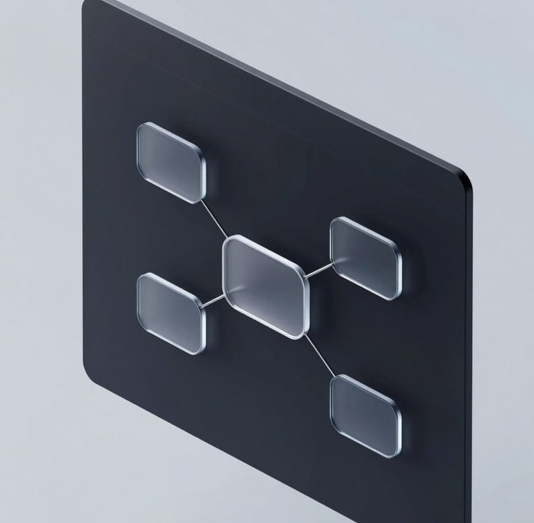 Angled isometric view of a minimalist software canvas with sleek dark-mode UI elements, floating glassmorphic nodes, and clean metallic connection lines, soft cool-toned edge lighting, ultra-high resolution