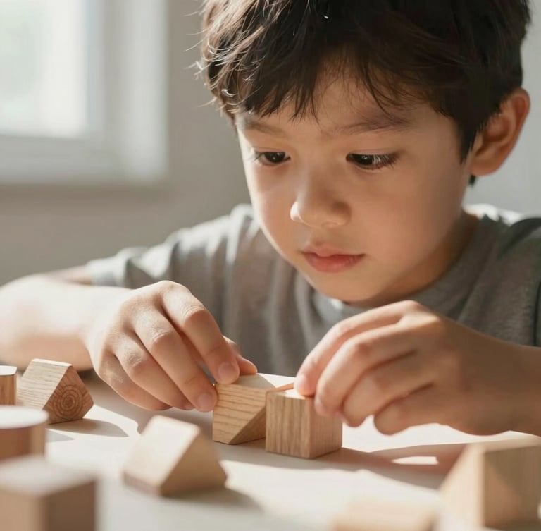 Close-up child-eye-level shot of a young learner carefully arranging natural wood geometric blocks on a minimalist table, soft morning sunlight, highly focused expression, shallow depth of field.