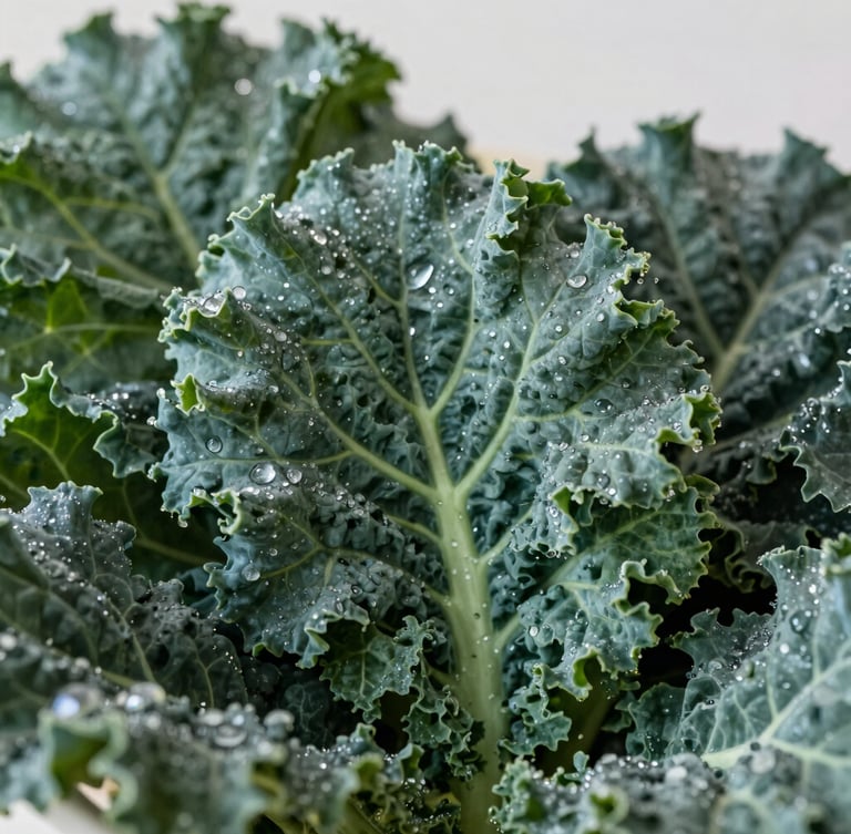 Close-up of fresh organic kale leaves with morning dew in soft Scandinavian daylight, shallow depth of field, 35mm