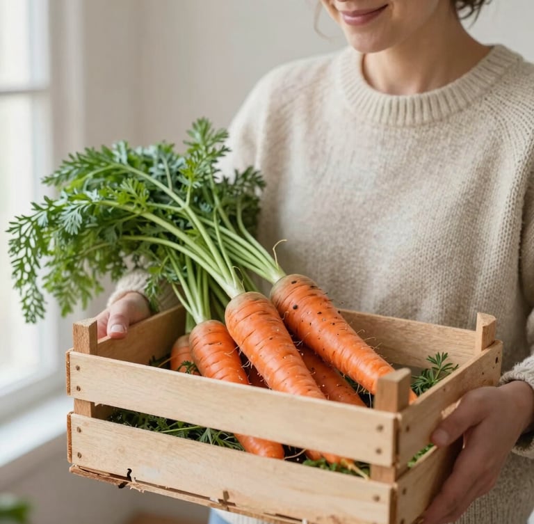 A local farmer in a soft knitted sweater smiling gently, holding a wooden crate of freshly harvested heirloom carrots in soft morning light, 35mm