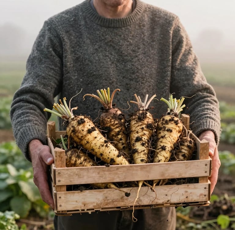 A farmer in a heavy wool sweater holding a crate of freshly harvested muddy root vegetables in soft morning light, misty Dutch field background, cozy editorial food photography, 35mm