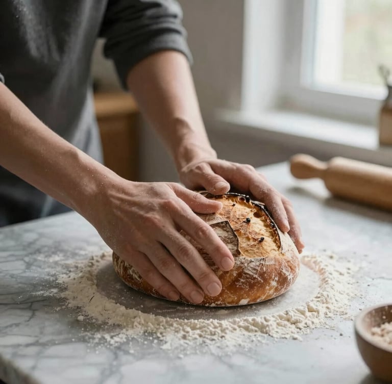 Close-up of hands kneading artisanal sourdough bread on a flour-dusted marble counter in a warm, rustic kitchen, soft morning light coming from a side window.