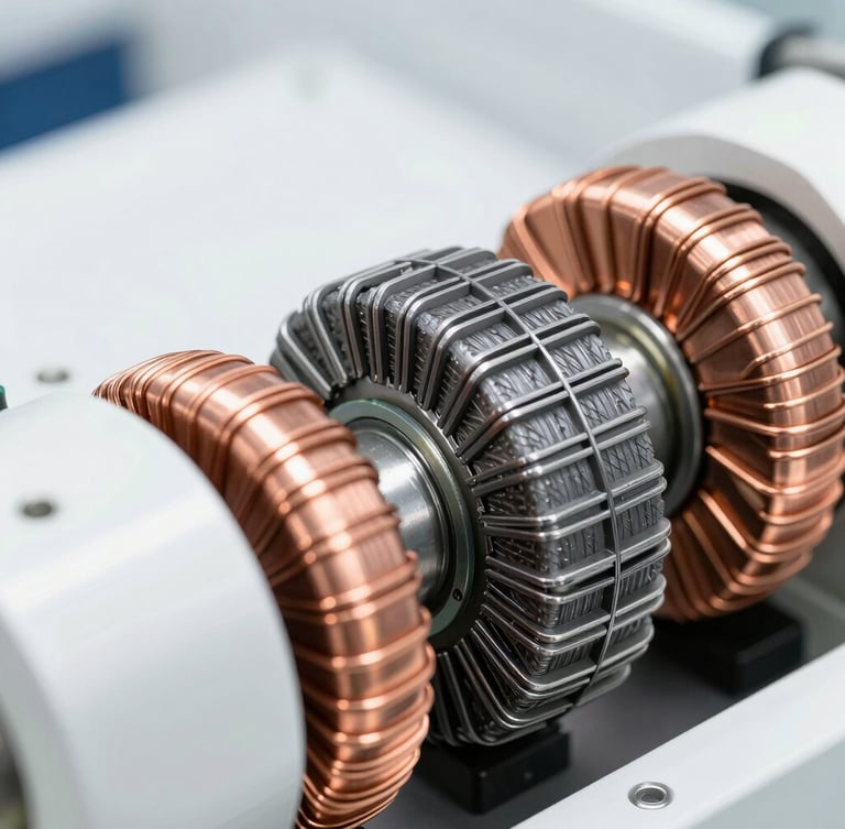 Macro close-up of copper-wound motor stators on an automated assembly line, bright industrial photography, high-key studio lighting, sharp focus on metallic textures, crisp white and charcoal tones, 50mm