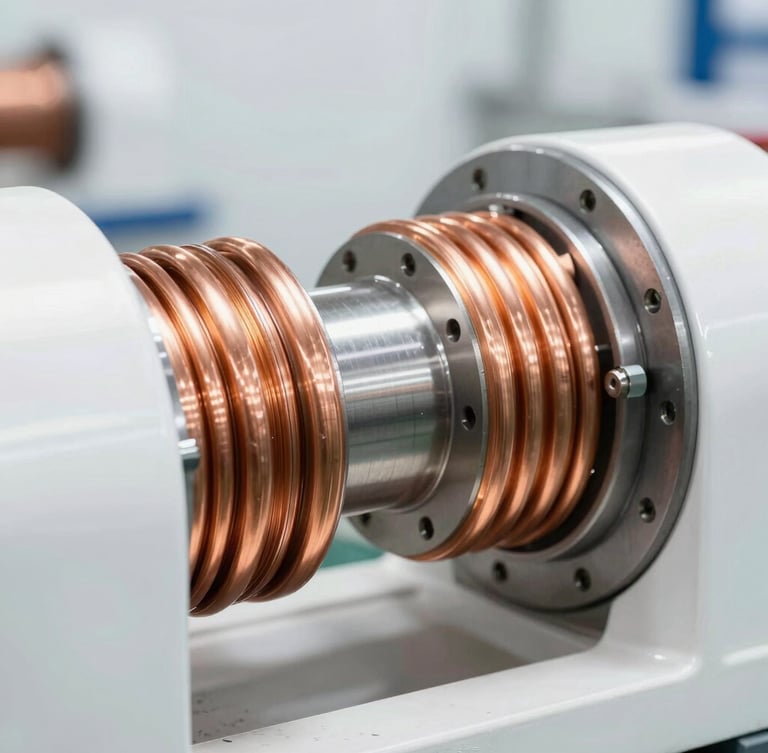 Macro close-up of copper-winding machinery in a bright, high-key industrial factory, clean steel textures, sharp focus, 50mm