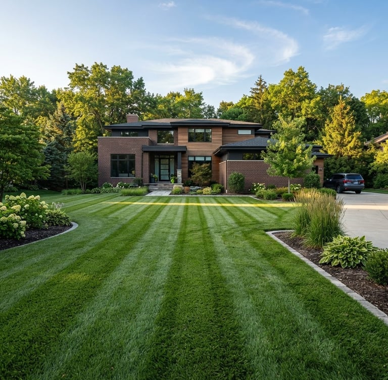 Wide shot of a perfectly striped residential lawn in Southeast Michigan, bright morning sunlight, modern brick home in background, crisp edges.