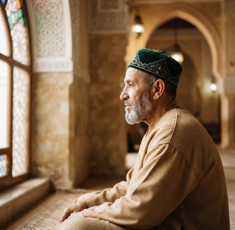 Side-profile portrait of a man wearing a structured deep emerald topi in soft, diffused mosque window side-lighting, warm sand background, shallow depth of field