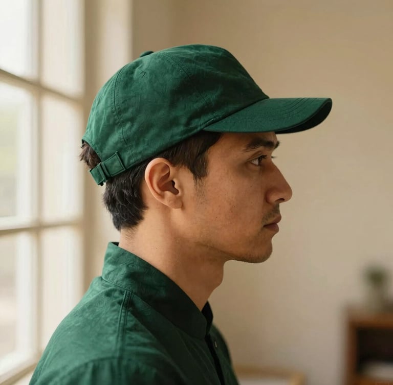 Dignified side-profile portrait of a man in a deep emerald structured cap, soft window side-lighting, warm sand tones, shallow depth of field
